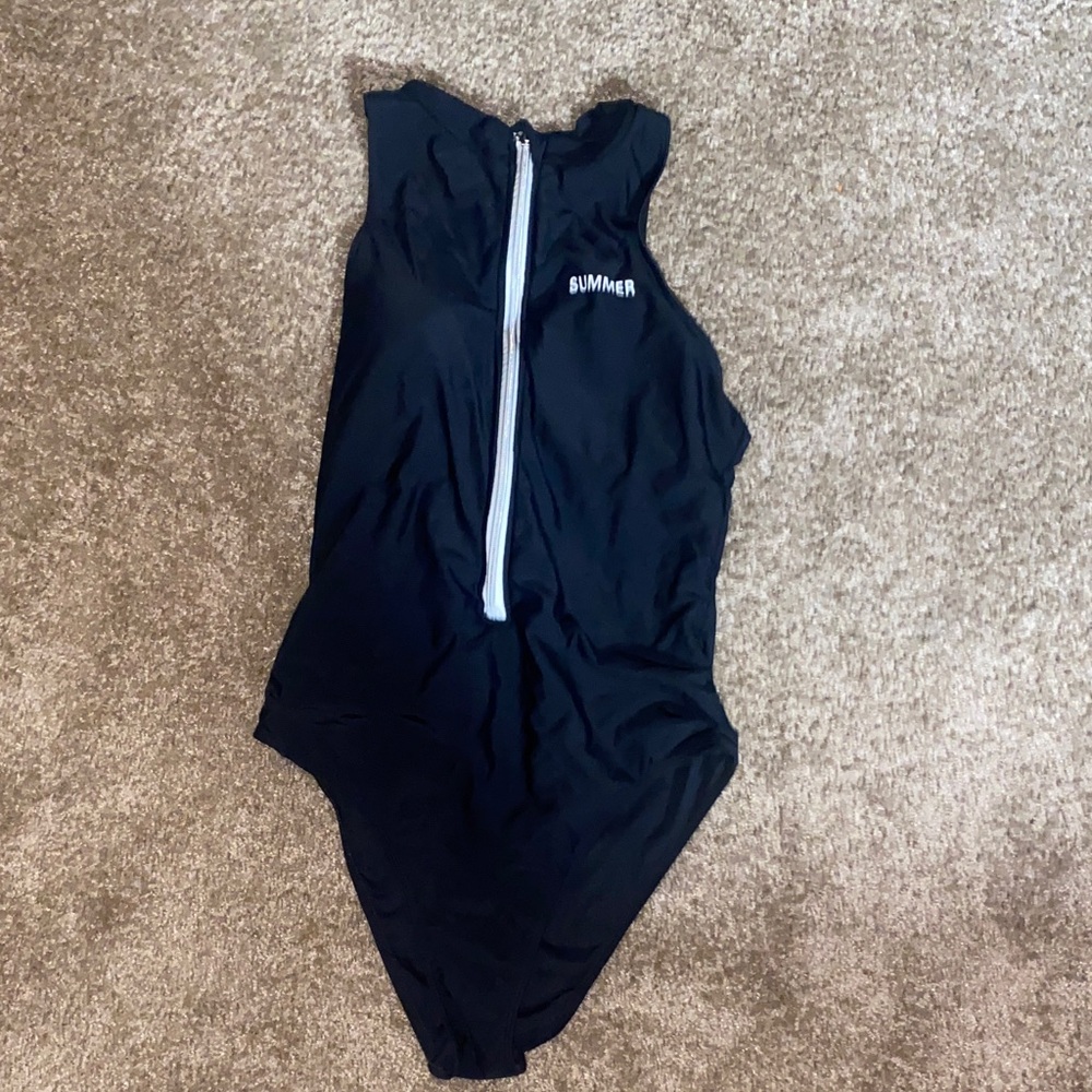 SHEIN Black Zip-Front One Piece Swimsuit